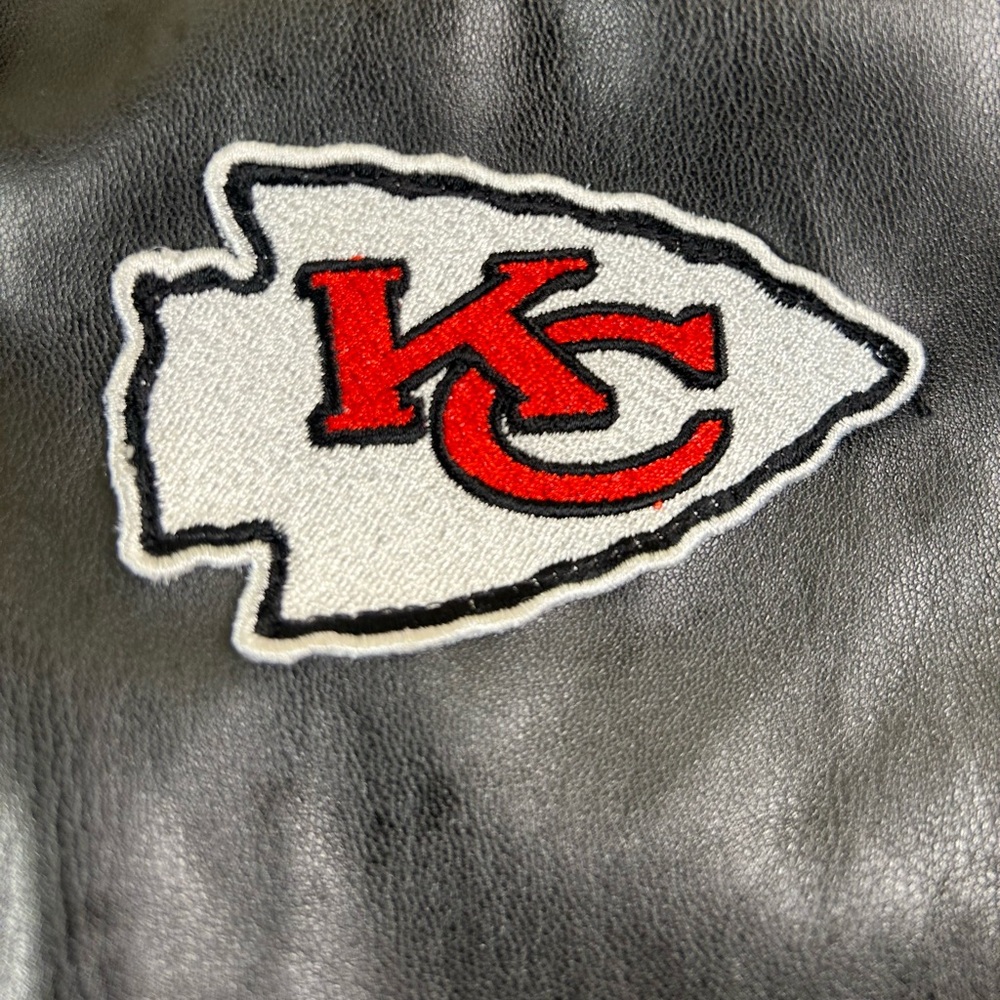 NFL Kansas City Chiefs Sequin Faux Leather Varsity Jacket Women Small‎ Black Red - Picture 4 of 16